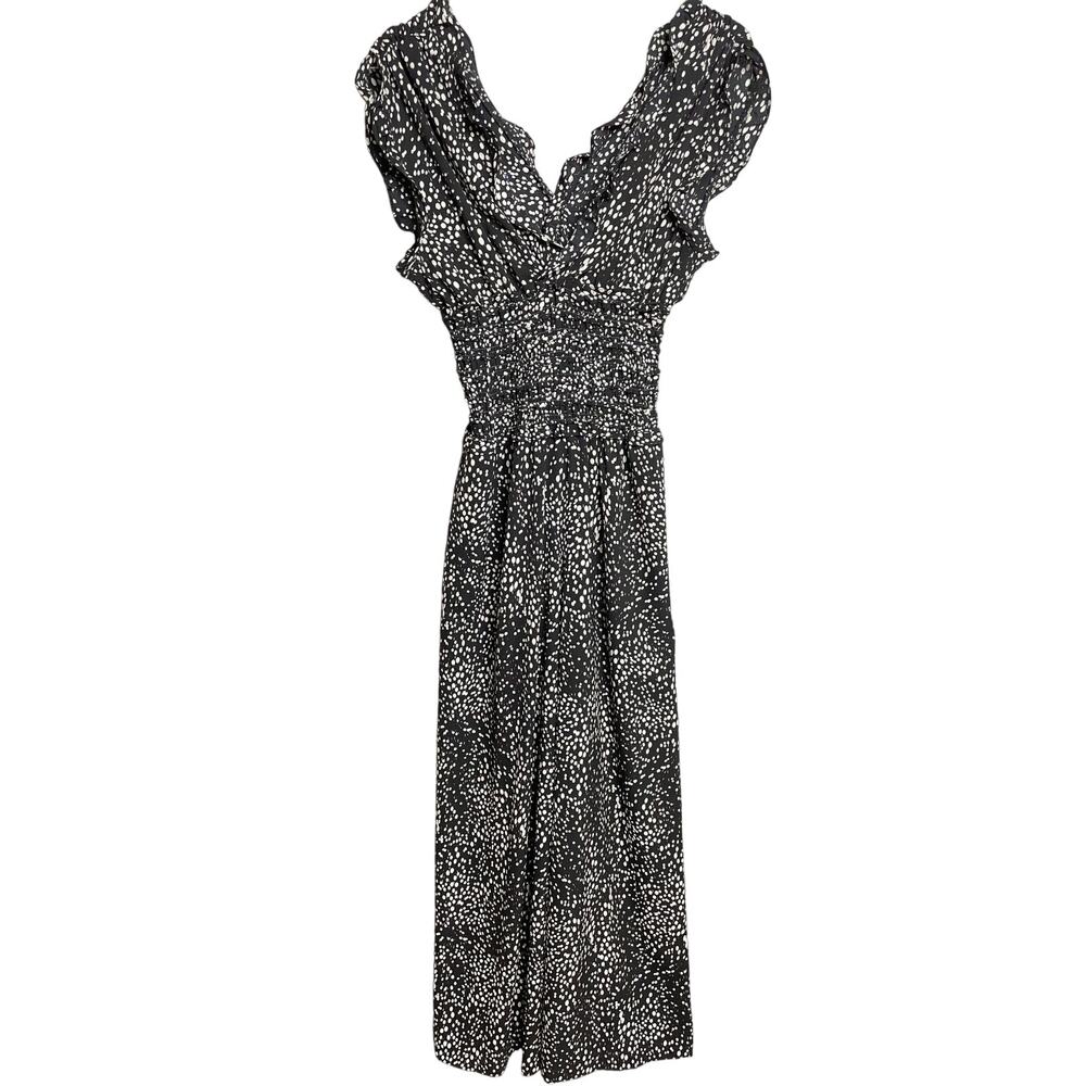 Max Studio Womens Black Polka Dot Ruffle Jumpsuit Wide Leg V Neck Size Small